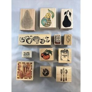 12 Wood Mounted Rubber Crafting Stamps Food and Kitchen N3-4